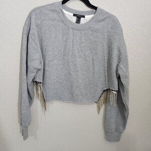 Forever 21 Top Gray Cropped Sweatshirt Rhinestone Fringe Large Western